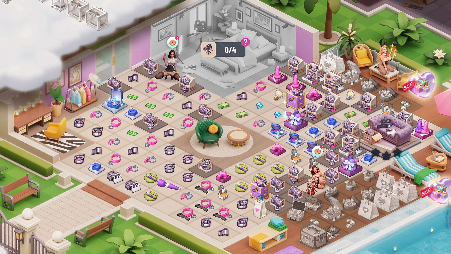 Passion Industry gameplay screenshot: combining props and collectibles on the merge board