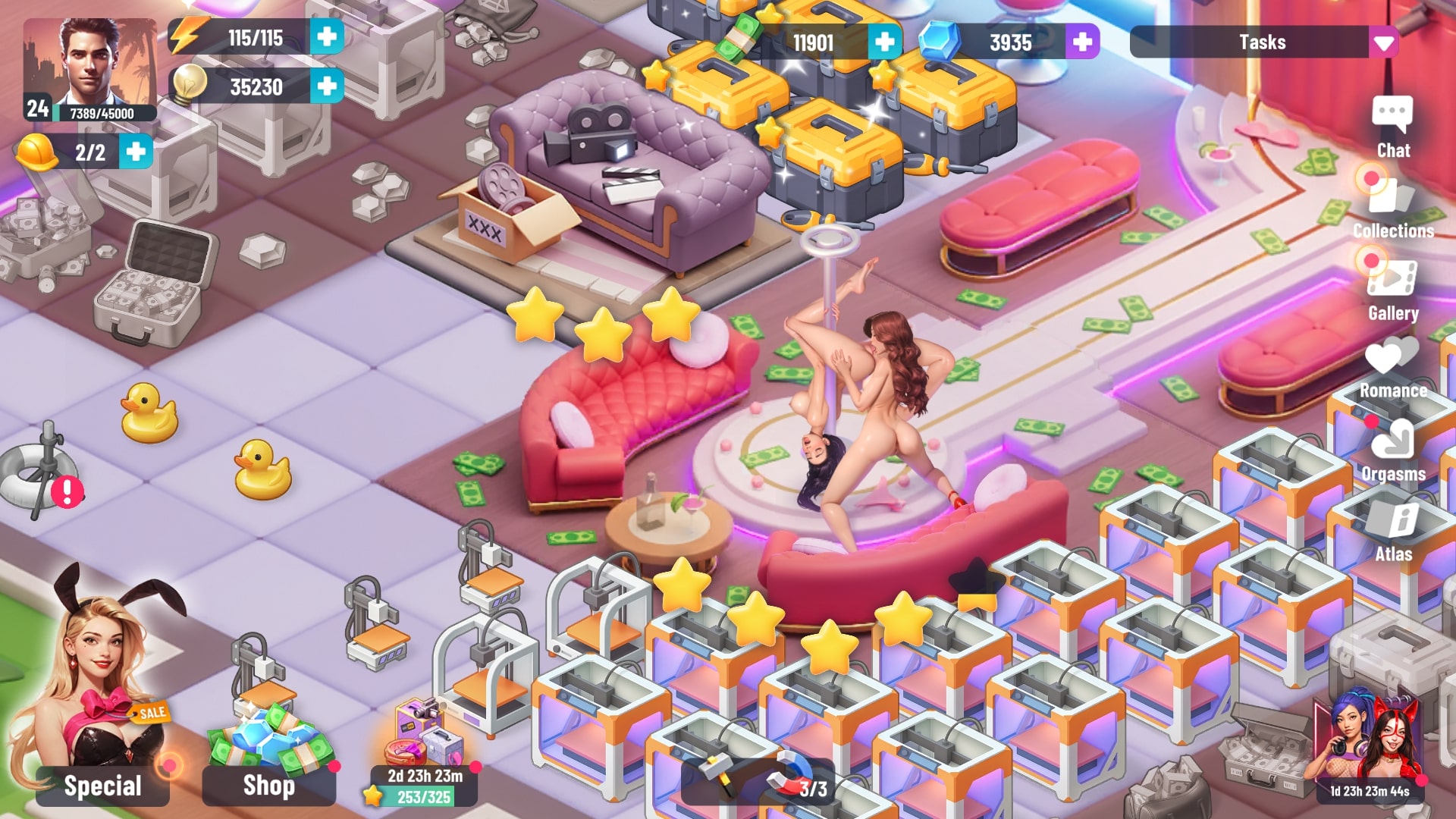 Passion Industry gameplay screenshot: a finished photoshoot with rewards and collected passion moments
